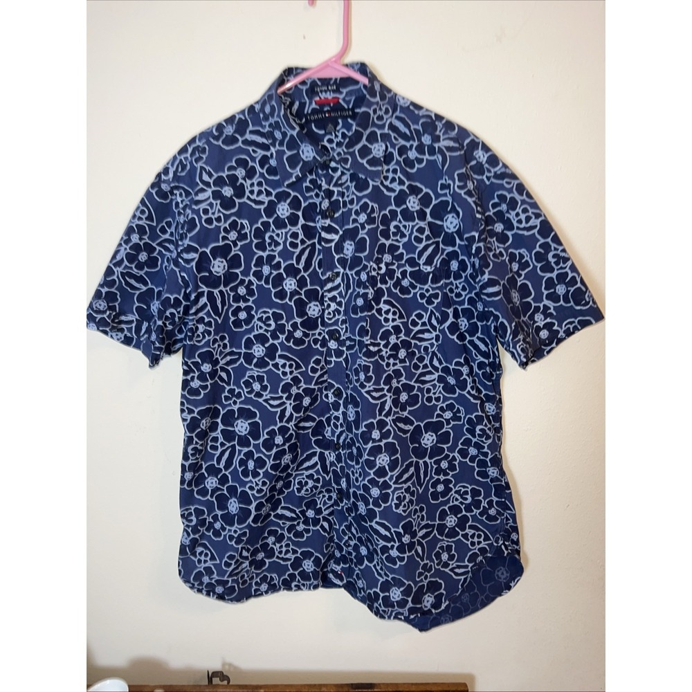 Tommy Hilfiger Hawaiian Shirt Mens XL Blue Floral Print Tropical Casual Comfort